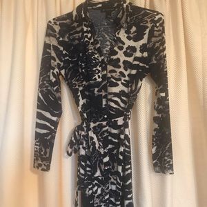 VGUC M blue animal print work dress w tie waist